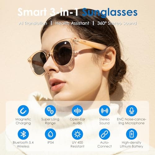 GetD Smart Glasses - Translucent Beige Frames, 100% UV & Glare Protection. Bluetooth AI Music Glasses for Men & Women with Polarized Lenses, AI Translator, 11H Battery Life, for Travel & Daily. - Thumbnail 2