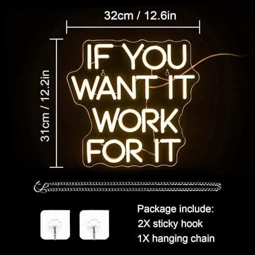 WLHOPE If You Want It Work For It Neon Sign Adjustable Brightness Led Sign,Neon Signs for Wall Decor,Connectivity Via USB Licked Neon Light for Bedroom Home Bar Club Hotel Party Decor - Thumbnail 6