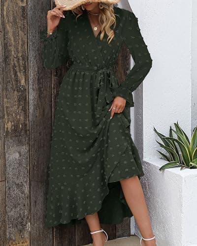 BTFBM Long Sleeve Maxi Dresses for Women Swiss Dot Boho Flowy Slit Cocktail Wedding Guest Dress Spring Clothes 2026(Army Green, XX-Large) - Thumbnail 5