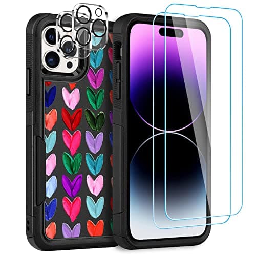 LOQUPE [5 in 1 for iPhone 14 pro Case,with 2 Pack Screen Protector + 2 Pack Camera Lens Protector,Heavy-Duty Tough Rugged Lightweight Slim Shockproof Protective Case for Women,Cute Oil Painting Heart - Image 1