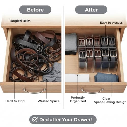 Hualinsyi Belt Organizer 2pack,Acrylic Belt storage Organizer for Closet with Removable Dividers - 5 Compartments & Handles Drawer organization and storage for underwear, Socks, and Ties (2) - Thumbnail 6