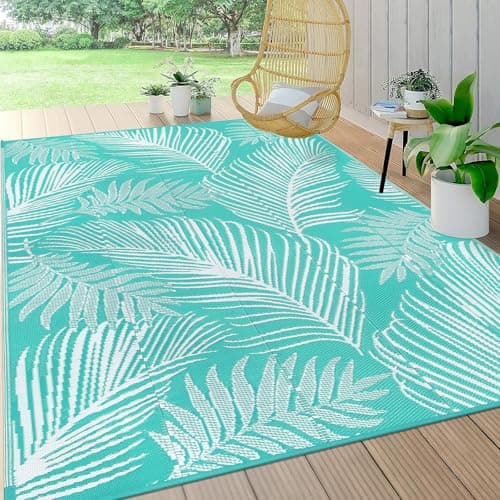Pauwer Waterproof Outdoor Rug 8x10, Reversible Plastic Straw Patio Camping Rug, Indoor Outdoor RV Mat Carpet for Deck, Camper, Porch, Balcony, Backyard, Picnic, Leaf Light Blue - Image 1