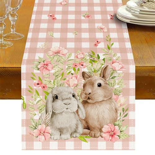 Oeyliz Easter Table Runner Bunny Rabbit Easter Kitchen Dining Table Decoration Table Runners 13x72 Inches Spring Table Runners Table Decoration for Home Party Decor Pink - Image 1