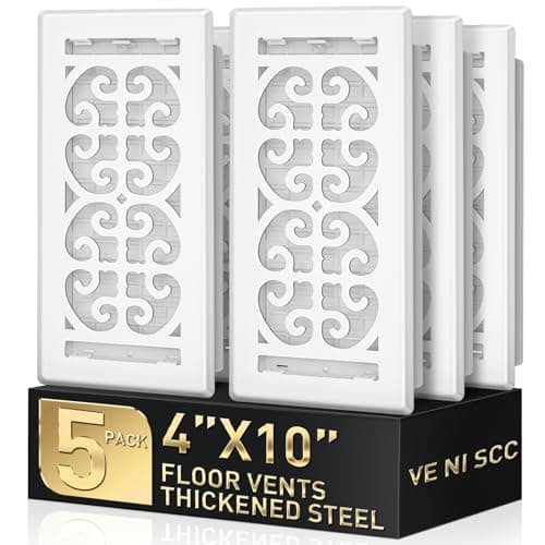 4x10 Floor Register Vent Cover – Heavy Duty Walkable Air Vent Covers for Home Floor & Wall - Decorative White Thicker Metal HVAC Floor Vents with Adjustable Airflow Lever - 5 Pack - Scroll Design - Image 1