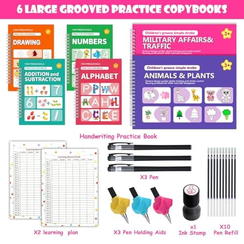 6 Pack Magic Grooved Writing Practice Books for Kids,Reusable Handwriting Practice with Pen,Pencil Grisp,Cute Seal and Learning Schedule ,Pecfect Tracing Copybook for Kindergarten Preschool Age 3-8 - Thumbnail 2