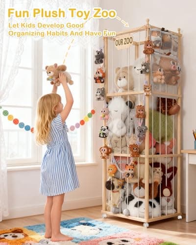 Stuffed Animal Storage, Wood Animals Plush Zoo Toy Toy Storage Holder, Large Capacity Toy Cage With Side Hanging Pouch & Clip Hook, Stuffed Animal Organizer for Playroom, Living Room, Bedroom 54 inch - Thumbnail 3