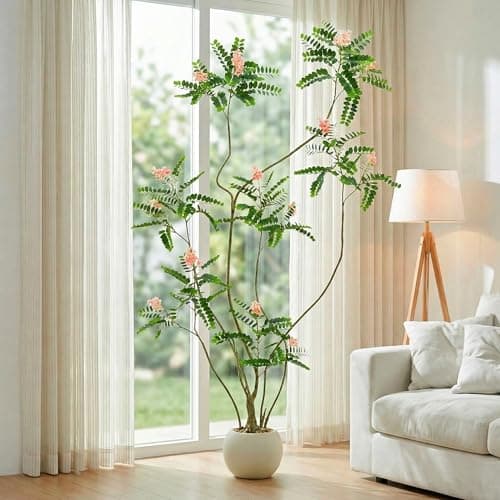 FSOHOI Artificial Mahonia Fortunei Tree - 6FT Artificial Plants Indoor, Fake Floor Plant with White Planter, Tall Sumac Faux Plants for Decor Indoor Home Sala Office Hotel Patio Studio（Pink