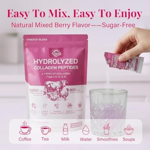Multi Collagen Peptides Powder for Women – 10g Hydrolyzed Collagen Type I, II, III, V & X with Biotin, Hyaluronic Acid & Prebiotics | Hair, Skin, Nail & Bone Support | Berry Flavor | 30 Stick Packs - Thumbnail 6