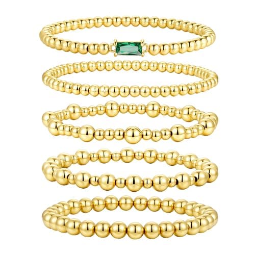 Turandoss Green Birthstone Bracelets for Women - Trendy 5PCS 14K Gold Plated Elastic Beaded May Created Emerald Birthstone Bracelet Set Friendship Birthday Jewelry Gifts for Women - Image 1