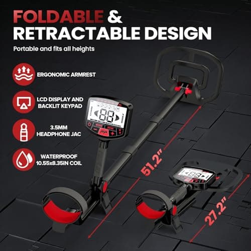 PANCKY Metal Detector for Adults Professional, Collapsible All-Terrain Pinpointing IP68 Waterproof Gold Metal Detector Kit 27.2 to 51.2" Adjustable, 5 Modes, 10.55x8.35 Coil, Higher Accuracy, PK1098 - Thumbnail 2
