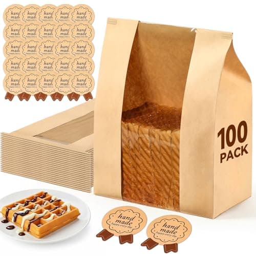 AOZITA 100 Pack Paper Bread Bags with Tin Tie Lock & Clear Window - Large Bakery Bags for Homemade Sourdough Bread, Cookies, Snacks Storage 14"x8.3"x3.5" Includes Seal Stickers - Image 1