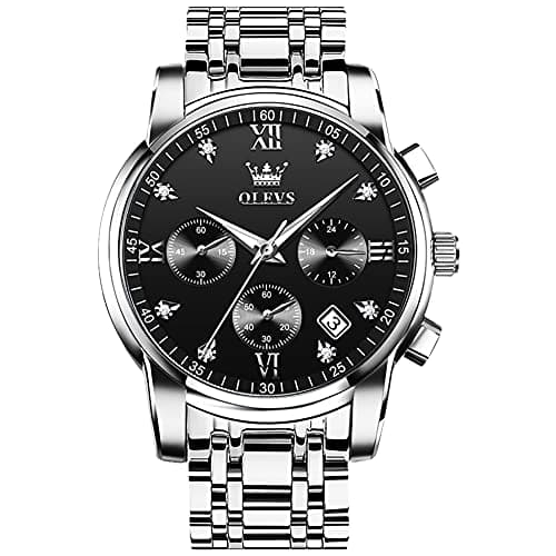 OLEVS Watch Men Black Watches for Men Dress Silver Mens Watches Waterproof Stainless Steel Analog Quartz Metal Luxury Diamond Wrist Watch for Man Day Date Chronograph Large Face Reloj para Hombre