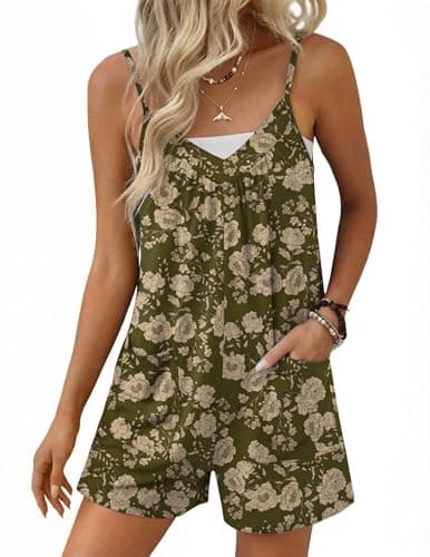Ekouaer Womens Summer Casual Sleeveless Rompers 2026 Floral Loose Shorts Overalls Adjustable Boho Jumpsuits with Pockets Army Green Floral X-Large - Image 1