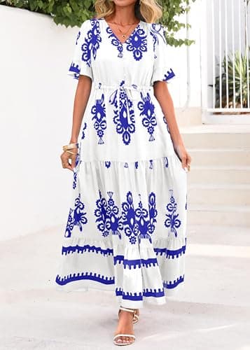 Lazysmile Summer Dresses for Women Short Sleeve V Neck Floral Drawstring Flowy A Line Boho Maxi Dress with Pockets White - Thumbnail 5