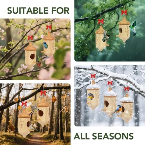 Hummingbird House, Small Wooden Hummingbird House for Outdoors, Cute Bird House with Bow & Hanging String, Garden Decor & Gift - Thumbnail 6