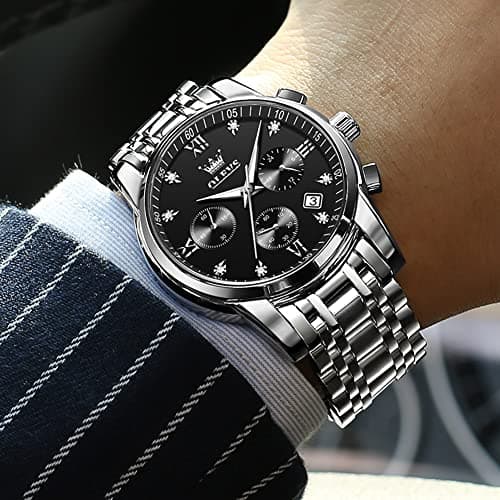 OLEVS Watch Men Black Watches for Men Dress Silver Mens Watches Waterproof Stainless Steel Analog Quartz Metal Luxury Diamond Wrist Watch for Man Day Date Chronograph Large Face Reloj para Hombre - Thumbnail 3