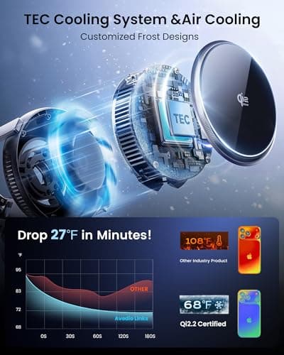 avedio links Qi2.2 25W Wireless Car Charger Magnetic Phone Holder Mount for Magsafe with Cooler for Air Vent, Wireless Fast Charger 25W for iPhone 16-17 Series with iOS 26,15W for iPhone 12-15 (Grey) - Thumbnail 4