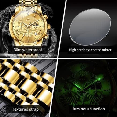 OLEVS Watch Men Gold Watches for Men Luxury Mens Watches Dress Wrist Watch for Man Wateproof Analog Quartz Stainless Steel Large Face Chronograph Moon Phase Date Luminous Golden Reloj para Hombre - Thumbnail 5