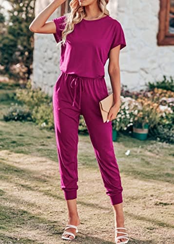 KIRUNDO Jumpsuits for Women Summer 2026 Casual Short Sleeve One Piece Outfits Drawstring Waist Long Pants Romper Jumpers(Purple Red, Medium) - Thumbnail 3