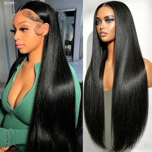 RUNBUY 26Inch Straight Wigs Human Hair 13x6 Real frontal Wig 220 Density HD Lace Front Wigs Human Hair Pre Plucked Straight Human Hair Wig for Women Natural Black No Synthetic Fiber True to Length