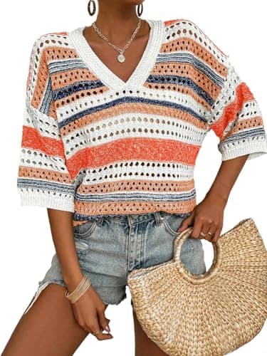 Saodimallsu Womens Short Sleeve Sweaters V Neck Crochet Knit Striped Hollow Out Tops Beach Cruise Outfits Orange - Image 1