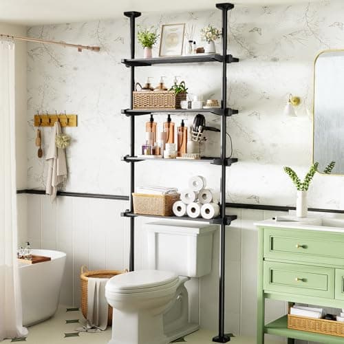 Bonpally Over The Toilet Storage Shelf, 4-Tier Adjustable Bathroom Organizer, No Drill Tension Mounted Shelves, Space-Saving Bathroom Cabinet Rack Above Toilet for Small Rooms, Black - Image 1