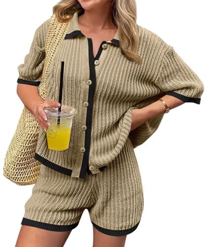 Cicy Bell Womens 2 Piece Short Sets Summer Short Sleeve Collared Tops Beach Vacation Cover Up Crochet Knit Lounge Outfits - Image 1