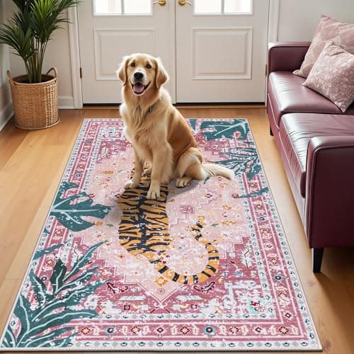 Ileading Vintage Oriental Tropical Jungle Hippie Tiger Area Rug 3x5 Non Slip Carpet for Entryway Pink Soft Low-Pile Thin Machine Washable Accent Floor Mat for Bedroom Nursery - Image 1