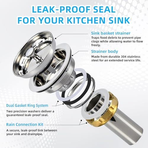 Kitchen Sink Drain Assembly, Stainless Steel Basket Strainer with Knob, 3-1/2 Inch Sink Drain Stopper Plug, Threaded Plastic Sink Strainer Tailpiece 1-1/2 in - Thumbnail 4