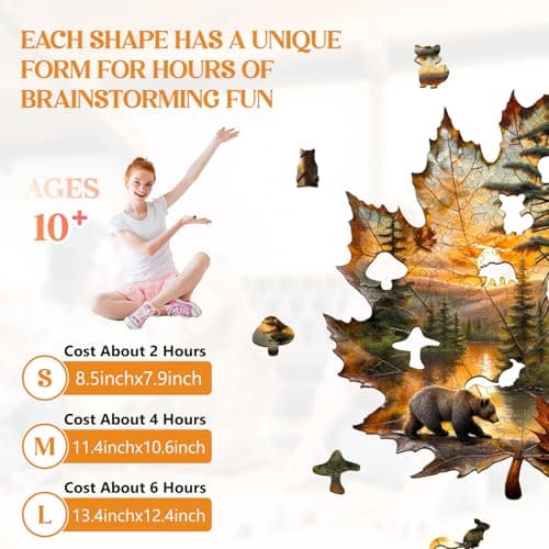 Wooden Puzzles for Adults, Brown Bear Autumn Maple Leaf Wooden Jigsaw Puzzle, Unique Animal Shaped Wood Puzzles Adult, Creative Gifts for Friends/Family/Puzzle Lovers, Home Decor(S-8.5 * 7.9in 90pcs) - Thumbnail 3