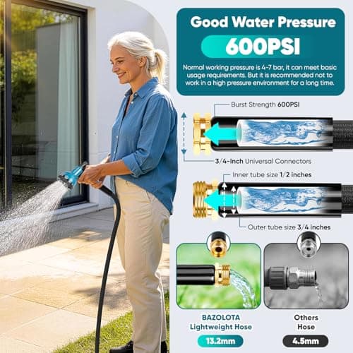 BAZOLOTA Garden Hose 100FT Non-Expanding, Lightweight Hose With 10-Function Nozzle, Leak-Proof, No-Knot, Easy to Carry, Wear-Resistant, Sturdy 3/4GHT Flexible Water Hose for Yard Garden Outdoor - Thumbnail 5