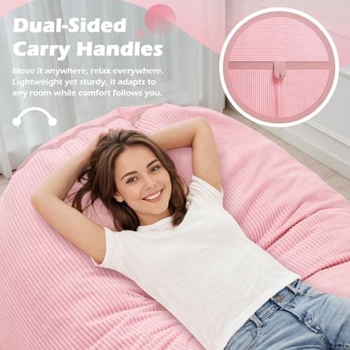 HABUTWAY Bean Bag Chair, 5FT Giant Bean Bag Chair with Memory Foam, Ultra-Soft Corduroy Cover & Zipper Design, Portable Handle – Comfy Bean Bag Sofa for Living Room, Bedroom, No Assembly - Pink - Thumbnail 5