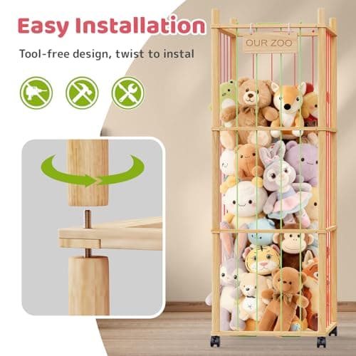 Stuffed Animal Storage & Organizer: Wooden Stuffed Animal Holder - 53.6" Stuffed Animal Zoo with Thicker Bands - Large Capacity Stuffy Storage for Playroom/Living Room/Nursery Room/Bedroom - Thumbnail 5