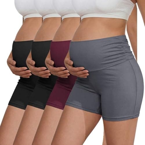 Ekouaer 4 Pack Women's Maternity Shorts Pregnancy Biker Shorts Stretchy Workout Loungewear Mama Clothes Black/Black/Maroon/Dark Grey XL - Image 1