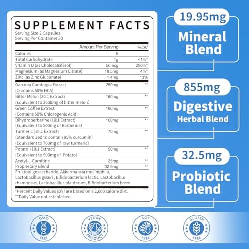 Gut Health Supplement w/Berberine,Garcinia Cambogia,Bitter Melon,Green Coffee, Probiotics, Prebiotics -Supports Digestion, Detox, Energy & Immune Health for Women & Men, 60 Vegan Capsules - Thumbnail 2
