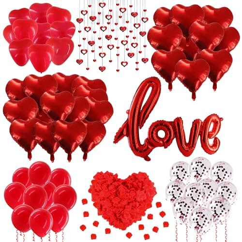 Romantic Balloon Decoration Kit with 42" LOVE Letters & Heart Balloons - Proposal, Engagement, Wedding & Anniversary Room Decoration Set with Hanging Hearts & Rose Petals - Complete Romantic Setup - Image 1