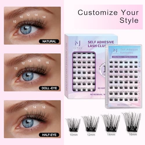 JoMay Self Adhesive Eyelashes, Press on Lashes No Glue Needed, Glueless Lashes Pre-Glued Natural Cluster Extension Kit D Curl For Beginners, No Sticky Residue 1 Step DIY 48PCS 10-16mm X01 - Thumbnail 6