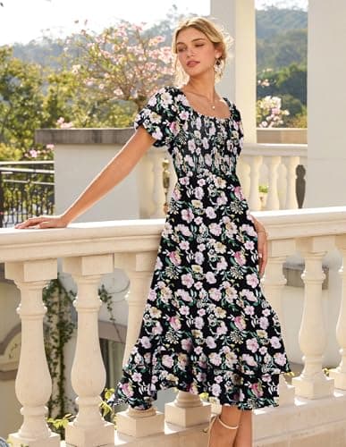 GRACE KARIN Womens Summer Floral Maxi Dress 2026 Flowy Wedding Guest Dress A Line Boho Dresses Fashion Clothing with Pockets Black Pink Floral 2XL - Thumbnail 3