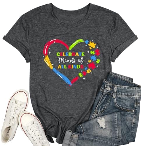 Ladicme Autism Awareness Shirt Women Autism Shirts Mom Autistic Acceptance T Shirt Mental Health Casual Tops Tee Outfit Gray - Image 1