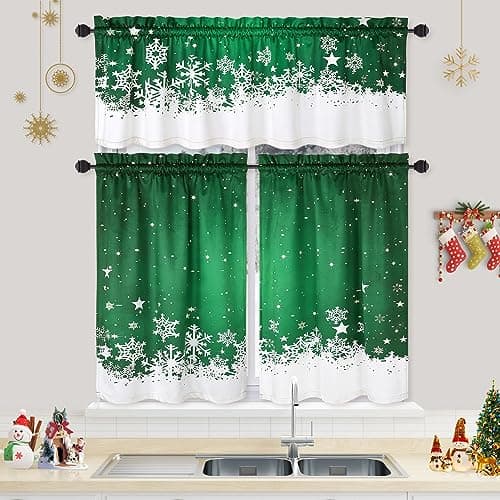 CAROMIO Christmas Kitchen Curtains, Green Velvet Cafe Curtains, Floral Snowflake Decoration, Thermal Insulated Room Darkening (26" W x 24" L, Set of 2) - Thumbnail 2