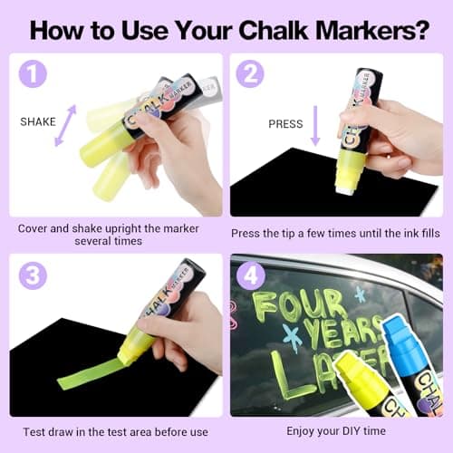 Window Paint Markers for Glass Washable: 8 Pack 15mm Jumbo Liquid Chalk Marker, Neon Glass Markers Pen, Wet Erase for Cars, Auto, White Board, Chalkboard, Black board, Tire, Mirrors, Bistro - 8 Colors - Thumbnail 5