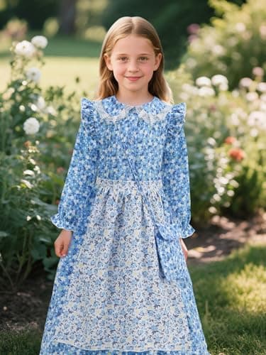 EARJIA Girls Floral Prairie Pioneer Dress Victorian Colonial Costume for Kids Blue Fancy Outfit for World Book Day Carnival - Thumbnail 6