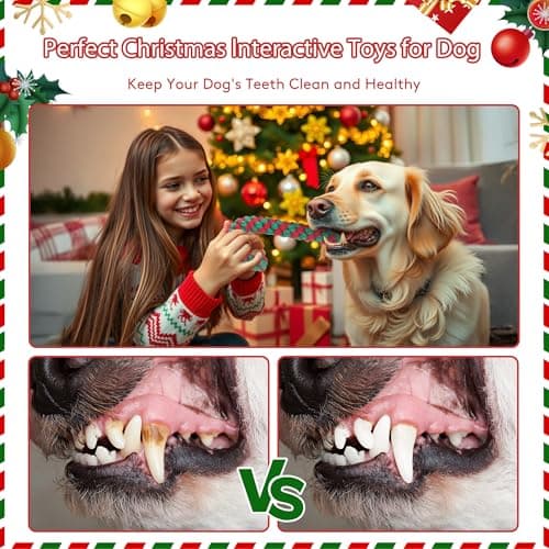 Onwoli Christmas Dog Rope Toys, Christmas Candy Cane Rope Toy, Dog Interactive Chewing Toys, Dogs Toy for Puppy Small Medium Dogs Training Playing Teething Cleaning, 2 Pack Green - Thumbnail 3