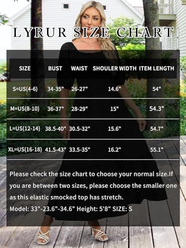 Lyrur Dresses with Pockets Square Neck Puff Sleeve Smocked Dress Summer Casual Boho Ruffle Long Maxi Sundress(M,7017-Black) - Thumbnail 6