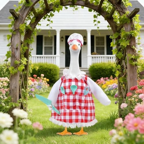 yuboo Chef Spring Porch Goose Outfit, Red and White Checkered Dress, Chef Hat & Cutlery 5 Set Porch Goose Clothes for 17'' Cement Statue, Fun Goose Costume for Garden Patio Statue Decor - Image 1