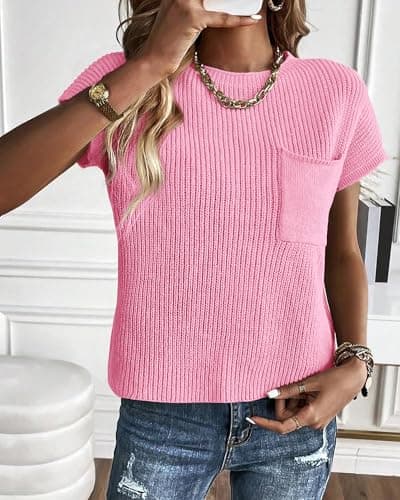 KIRUNDO Spring Summer Short Sleeve Sweater for Women 2026 Casual Sweater Vest Cotton Knit Pullover Tank Tops Fashion Clothing(Pink, Large) - Thumbnail 3