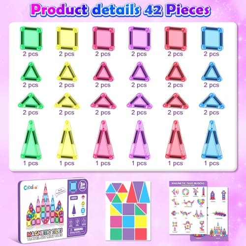Coodoo Mini Magnetic Tiles Set with Iron Box, Travel Essentials Portable Magnet Building Blocks, Montessori Educational Sensory Toys for Toddlers 3+ Boys Girls Birthday Gift Classroom Must Haves - Thumbnail 2