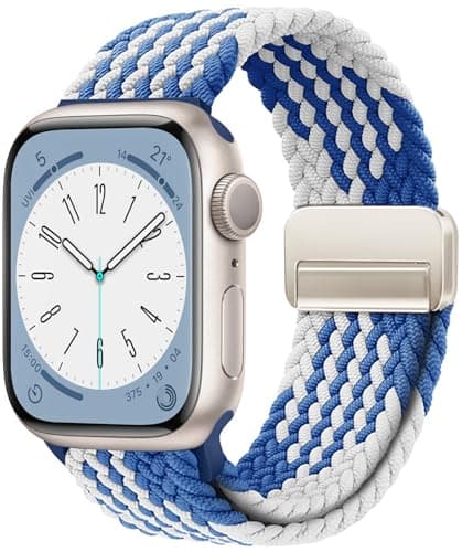 OMECKY Magnetic Braided Loop Band Compatible with Apple Watch Series 11 10 46mm 9 8 7 6 5 4 42mm 44mm 45mm 49mm for Women Men, Stretchy Nylon Elastic Sport Strap for iWatch SE/Ultra 1/2/3, Blue/White - Image 1
