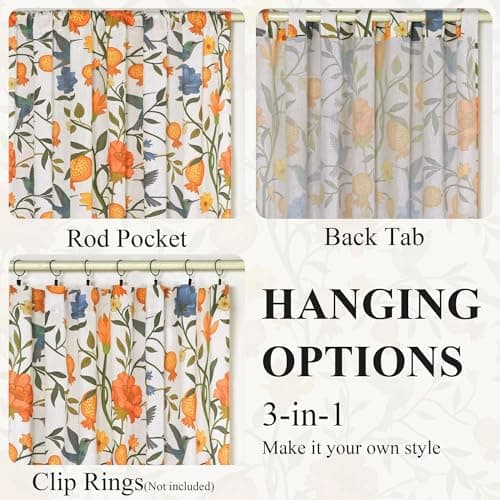 JOOJA Bird Floral Curtains 2 Panels 63 Inches Long Vintage Boho Patterned White Whimsical Living Room Colorful Linen Blend Printed Window Curtains for Bedroom Kitchen - Thumbnail 4