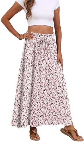 Askyes Womens Skirts Summer High Waisted A-Line Casual Work Flowy Swing Long Skirts with Pockets,White Rambler,XL - Thumbnail 4